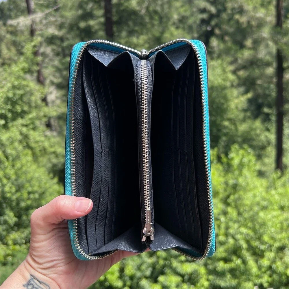 COACH Long Zip-Around Teal Blue Pebble Leather Wallet Silver Hardware AUTHENTIC